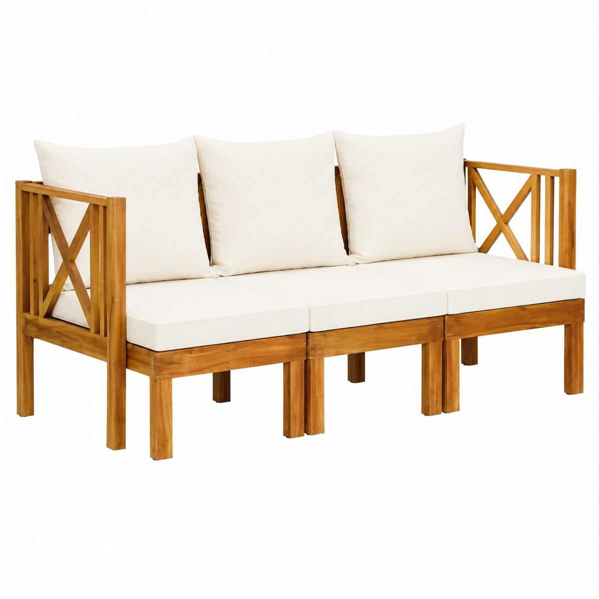 Panca da giardino in acacia, 3 posti, 179 cm, con cuscino, versatile per esterni