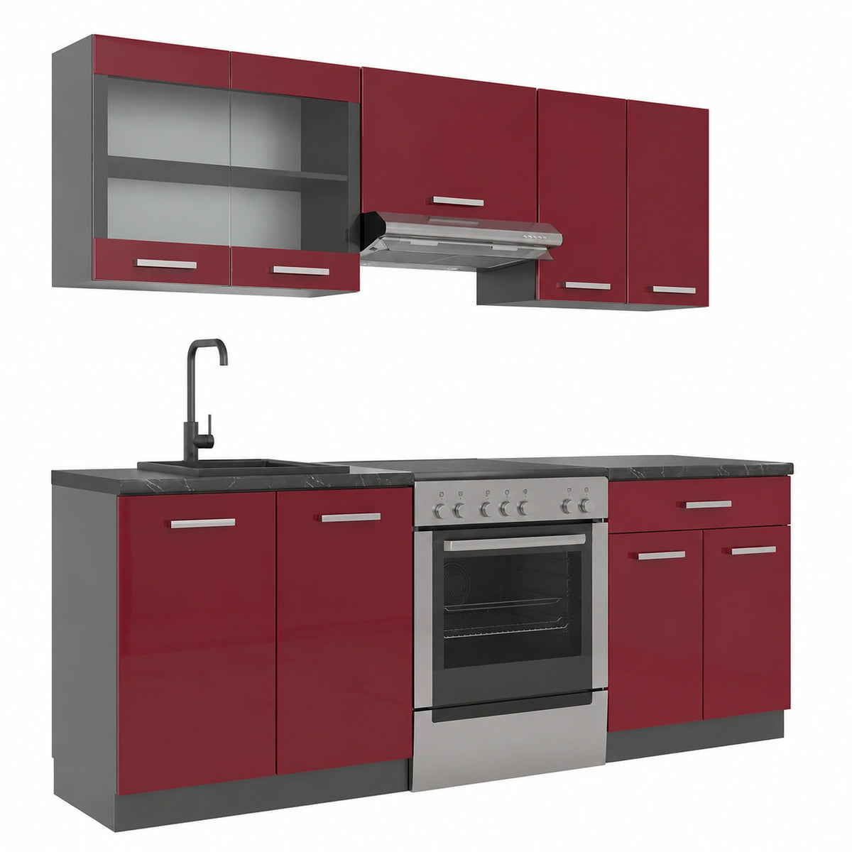 Cucina Modulare Vicco R-Line 200 cm, Rosso Lucido e Antracite, Senza Piano di Lavoro, Espandibile con Moduli