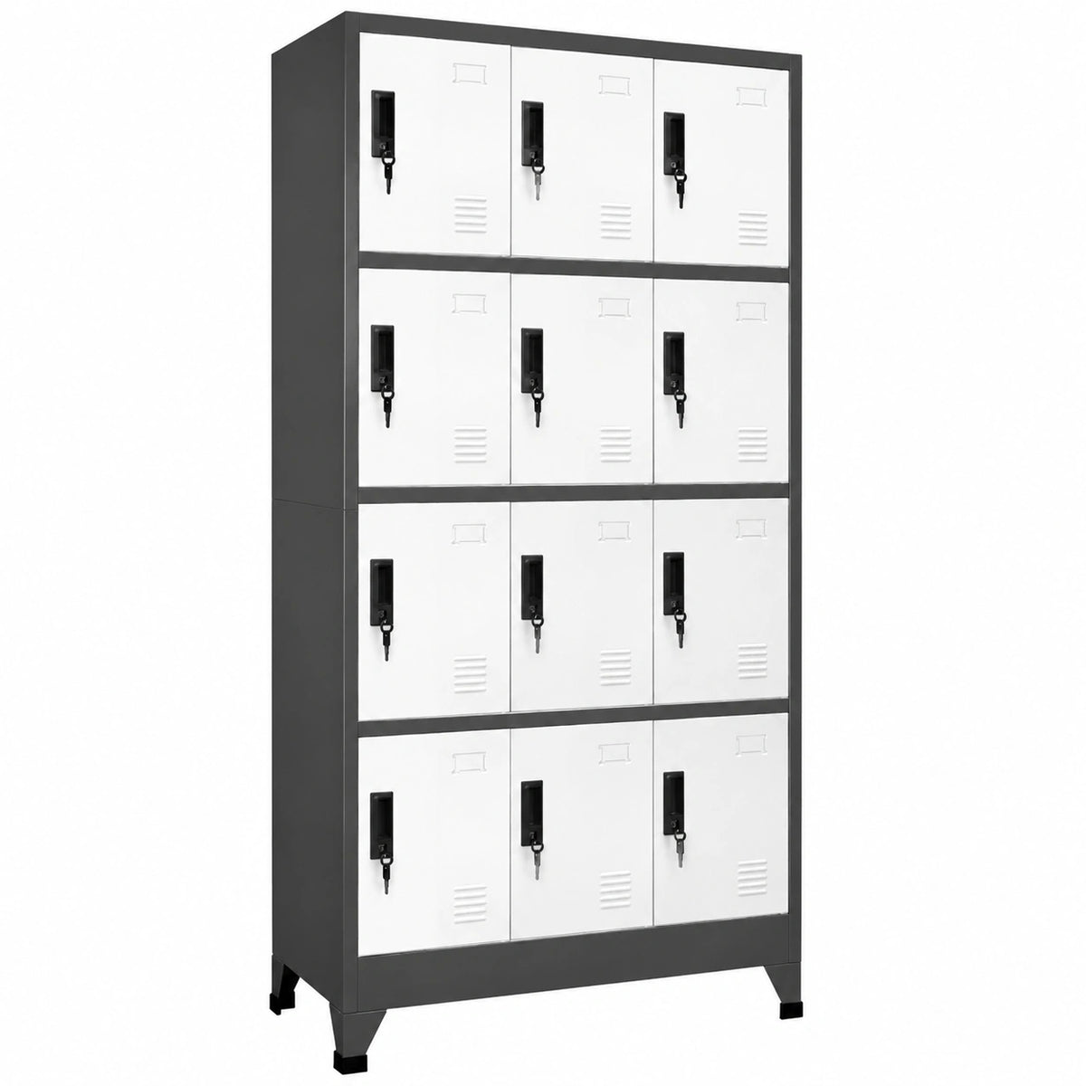 Armadio in metallo con 12 scomparti, antracite e bianco, 90x45x180 cm, con serrature e ventilazione, ideale per scuola, ufficio, palestra e officina