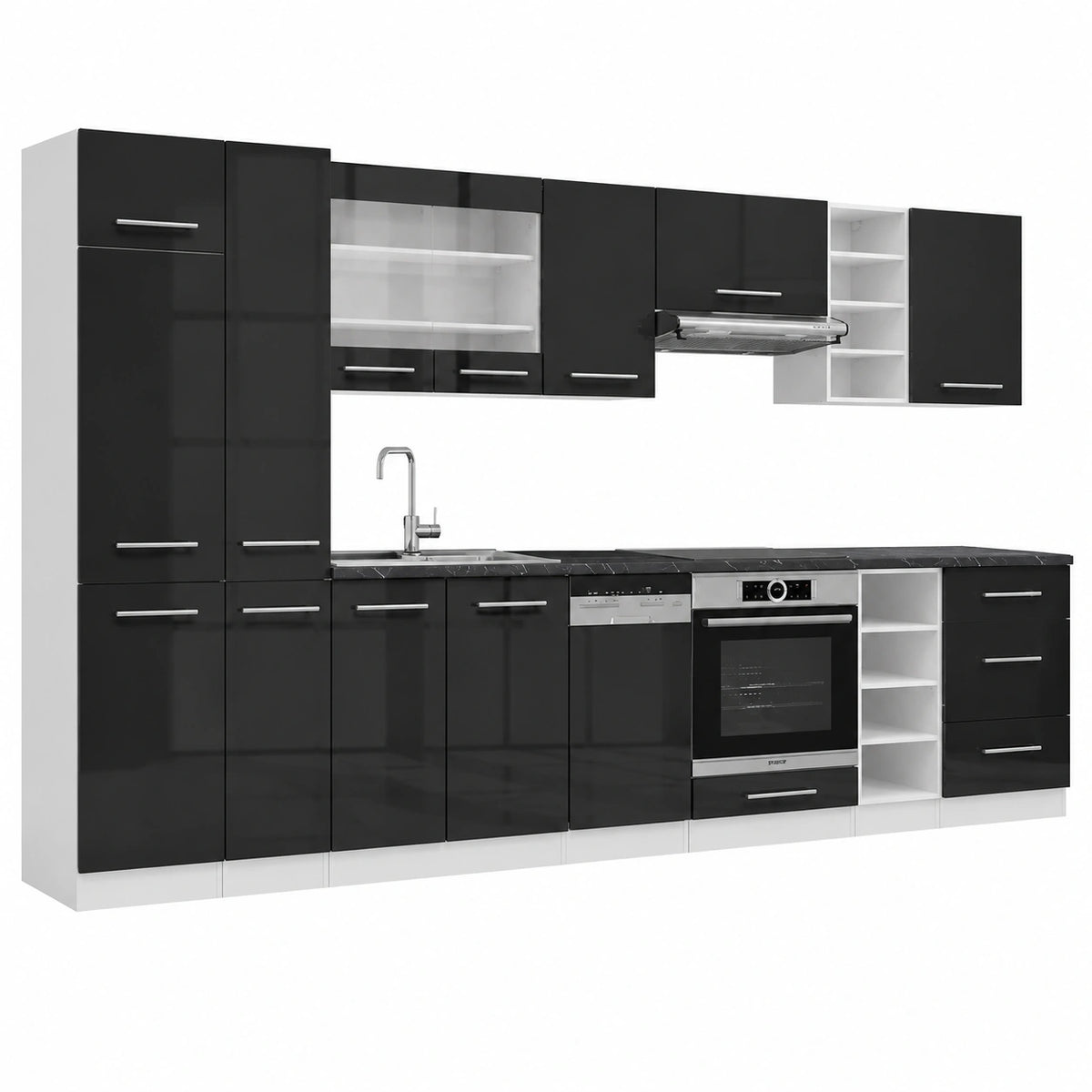 Cucina Modulare Vicco Fame-Line, Finitura Antracite Lucido e Bianco, 355 cm, Personalizzabile con Moduli Aggiuntivi