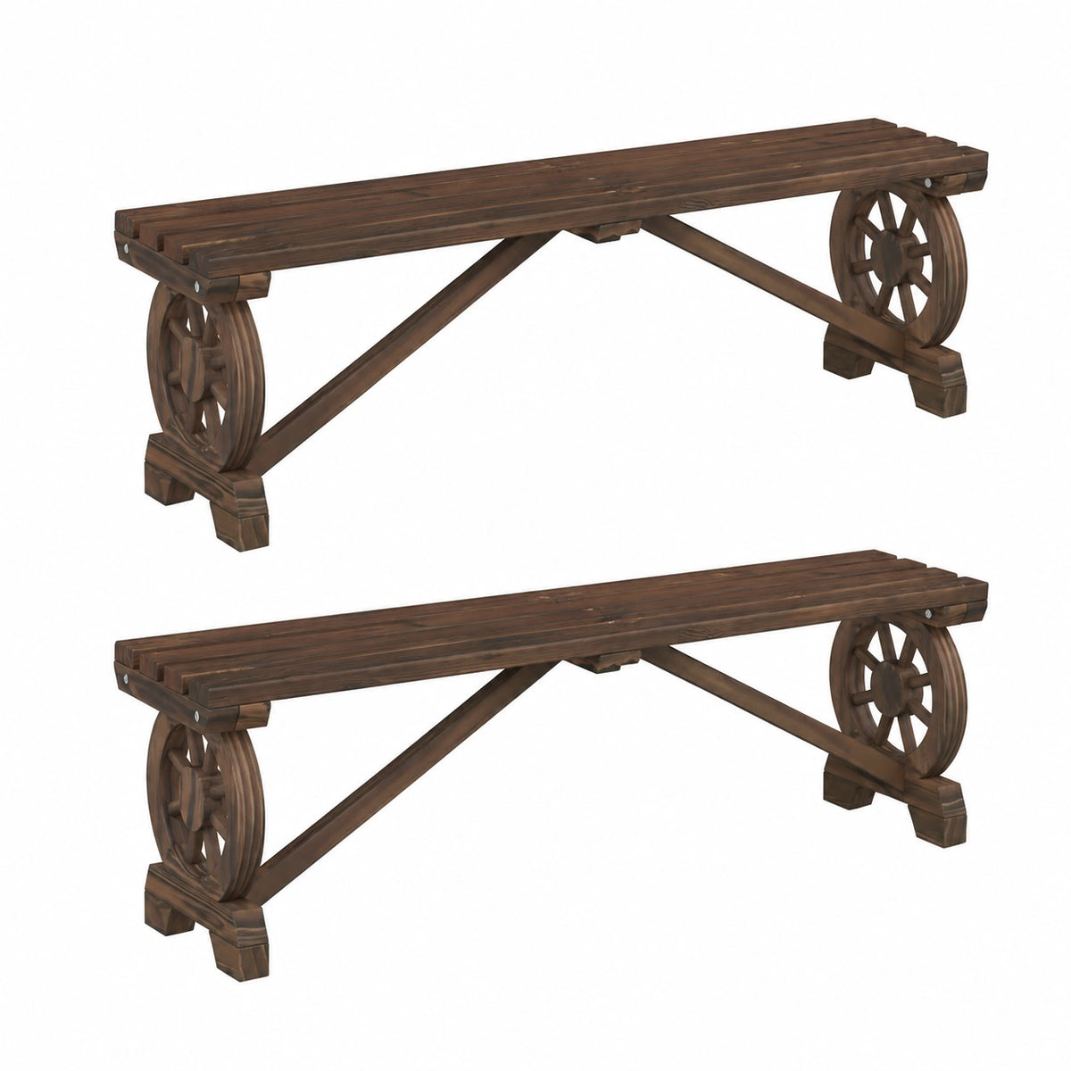 Set di 2 panche da giardino in legno di abete con braccioli, design effetto carrello