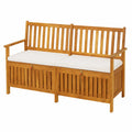 Panchina da giardino in acacia con cuscino e vano portaoggetti, 148 cm, resistente alle intemperie, ideale per terrazza e balcone