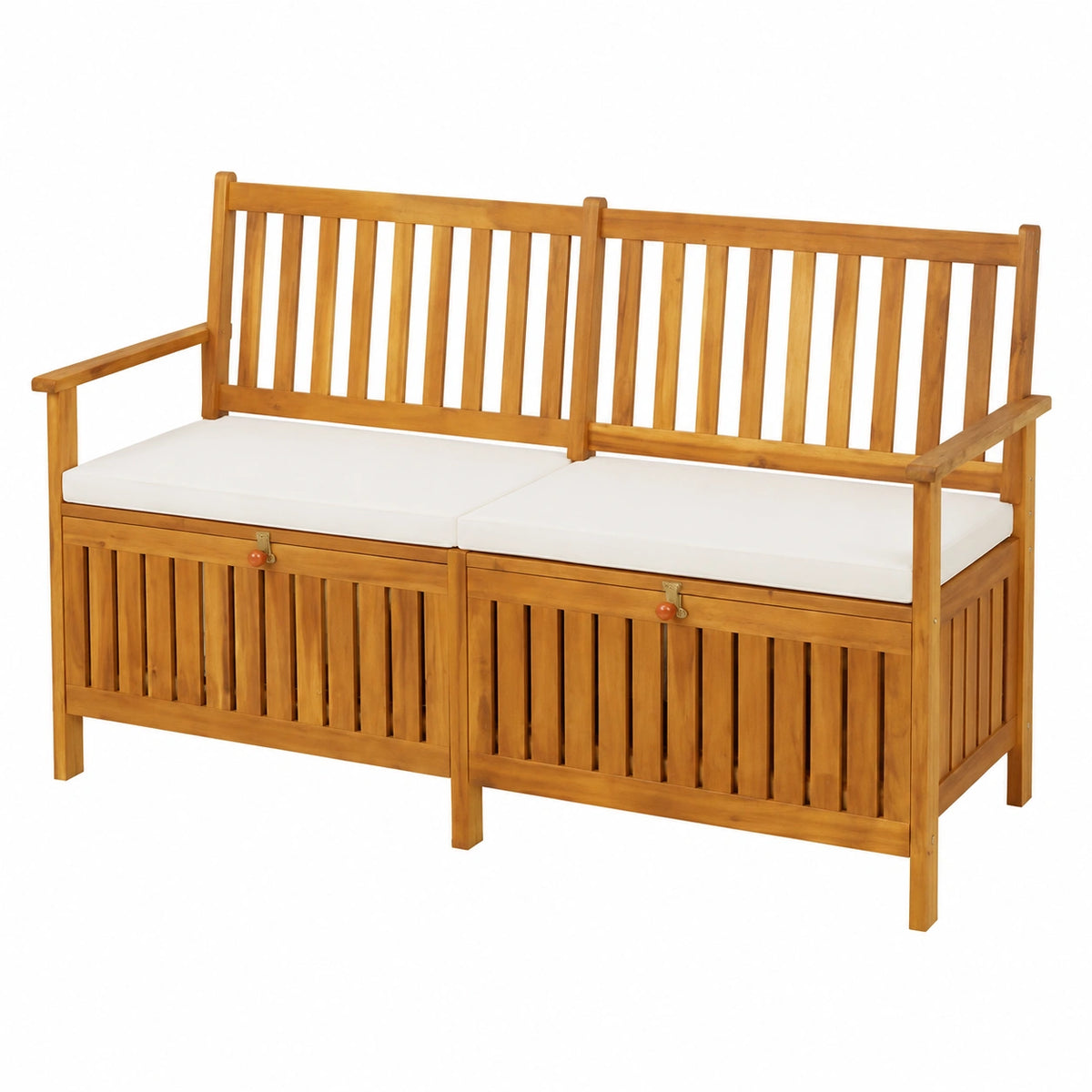 Panchina da giardino in acacia con cuscino e vano portaoggetti, 148 cm, resistente alle intemperie, ideale per terrazza e balcone