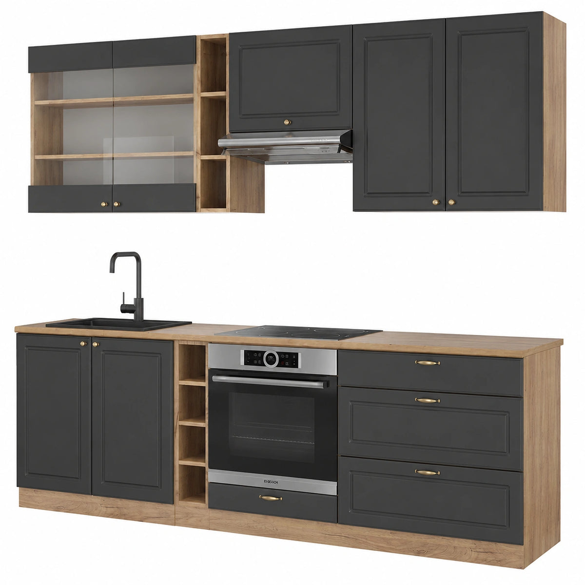 Cucina Modular Fame-Line Antracite/Oro, Senza Piano, 235 cm, Espansione Personalizzabile