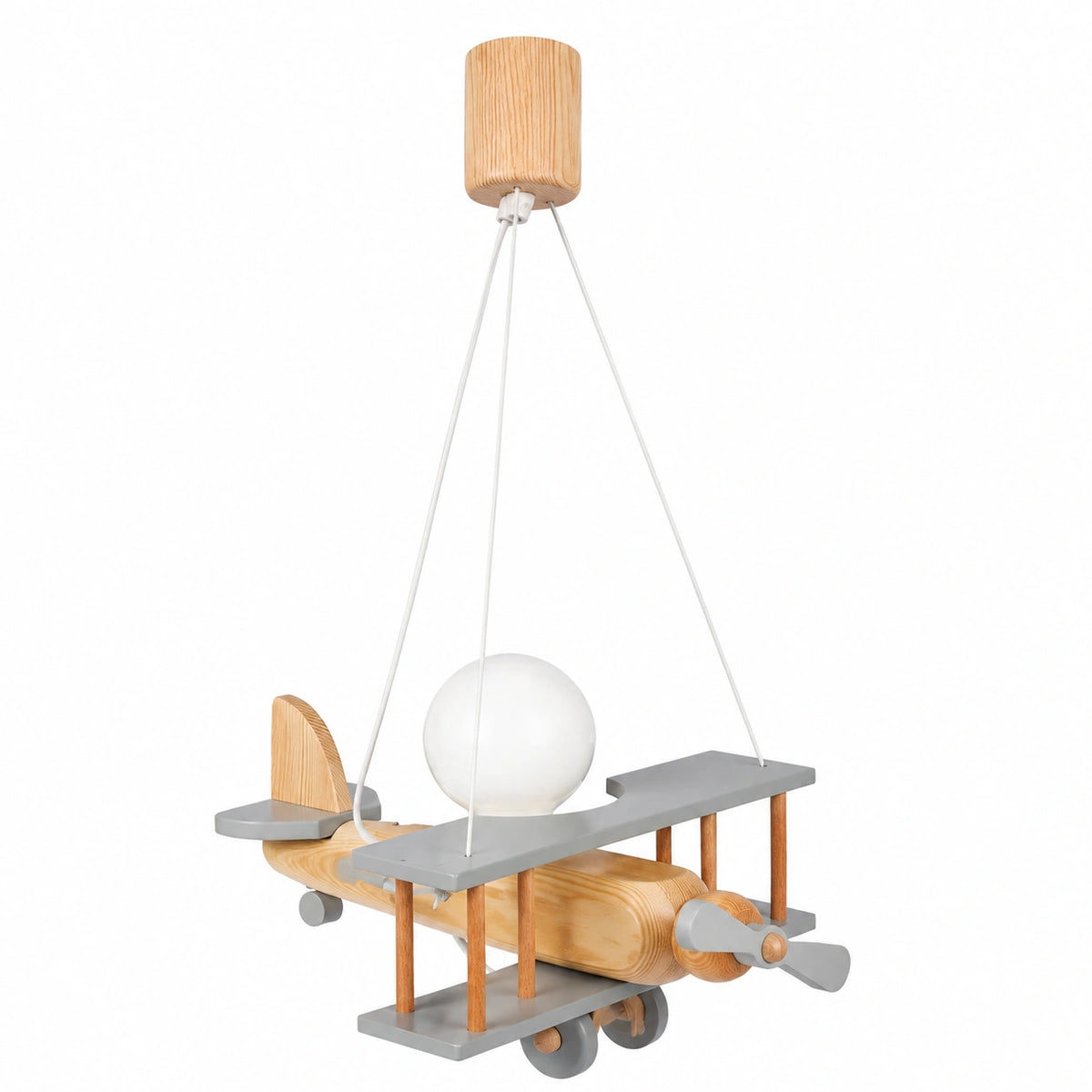 Lampadario a Sospensione per Bambini in Legno Colorato, Design Aereo, 32x30 cm (Grigio e Legno)